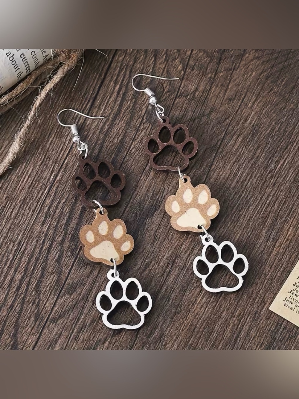 Wooden Paw Print Dangle Earrings New
